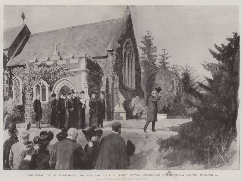 Kong Edward VII i Sandringham, kongen og kongefamilien forlater Sandringham kirke, søndag morgen, 24. november av Amedee Forestier