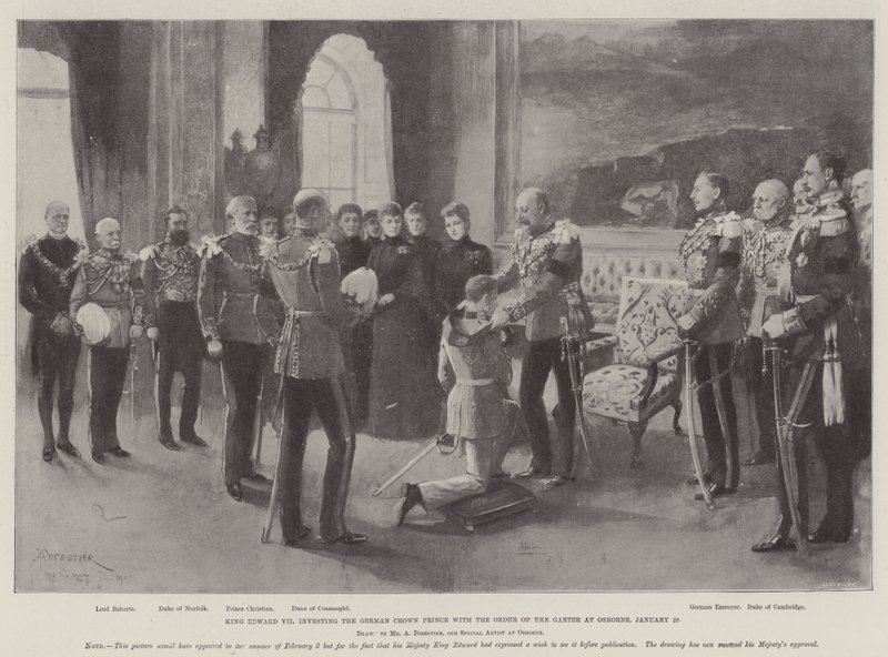 Kong Edward VII investerer den tyske kronprinsen med strømpebåndsordenen til Osborne, 28. januar av Amedee Forestier