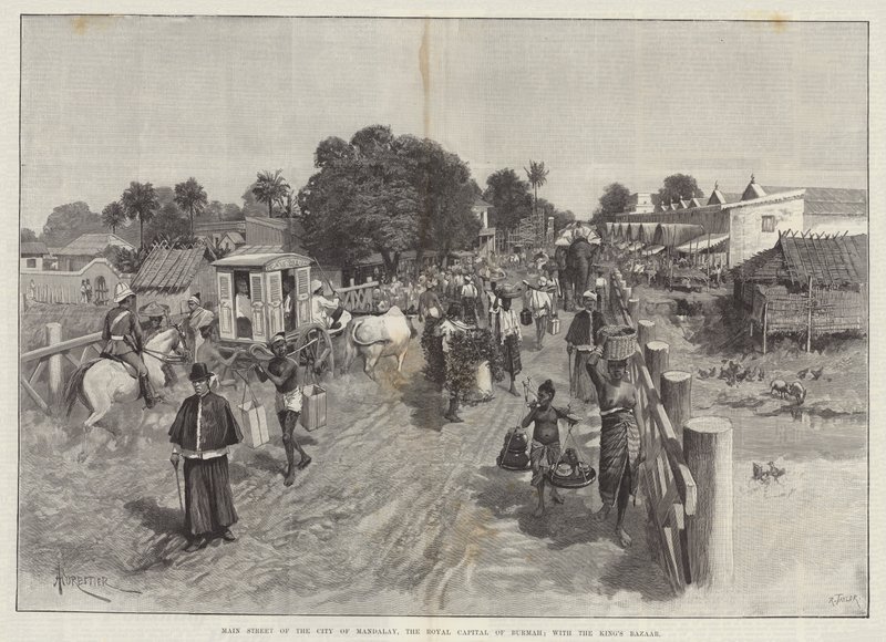 Main Street i byen Mandalay, den kongelige hovedstaden i Burmah; med Kongens basar av Amedee Forestier