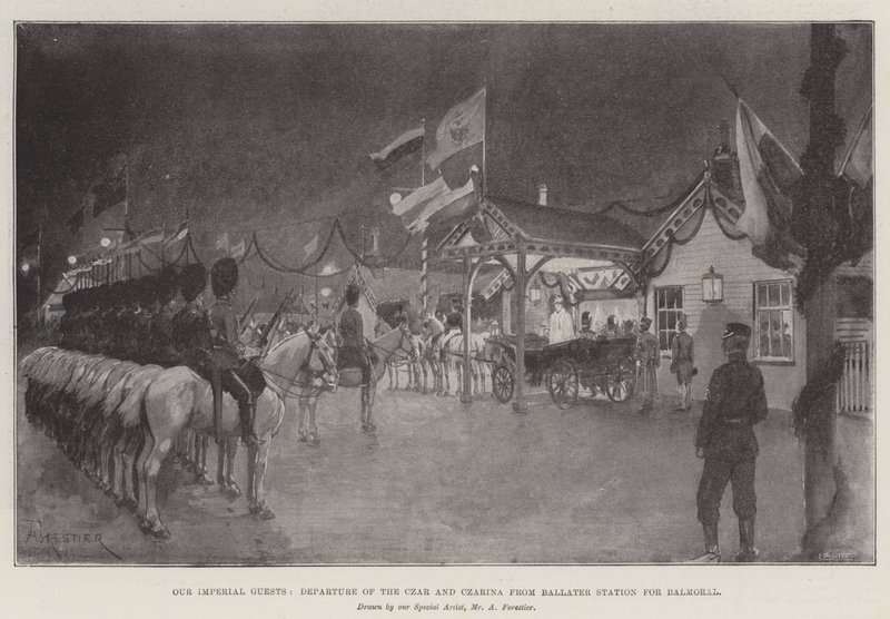 Våre keiserlige gjester, tsarens og tsarens avgang fra Ballater stasjon for Balmoral av Amedee Forestier