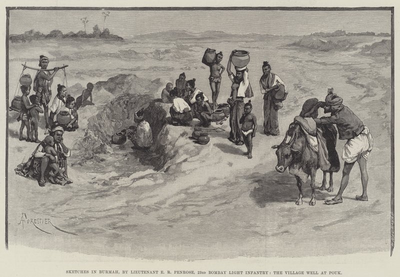 Skisser i Burmah, av løytnant E R Penrose, 23rd Bombay Light Infantry, Village Well at Pouk av Amedee Forestier