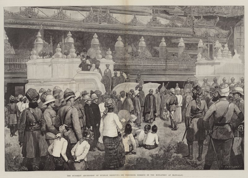 Den buddhistiske erkebiskopen av Burmah tar imot Sir Frederick Roberts i klosteret i Mandalay av Amedee Forestier