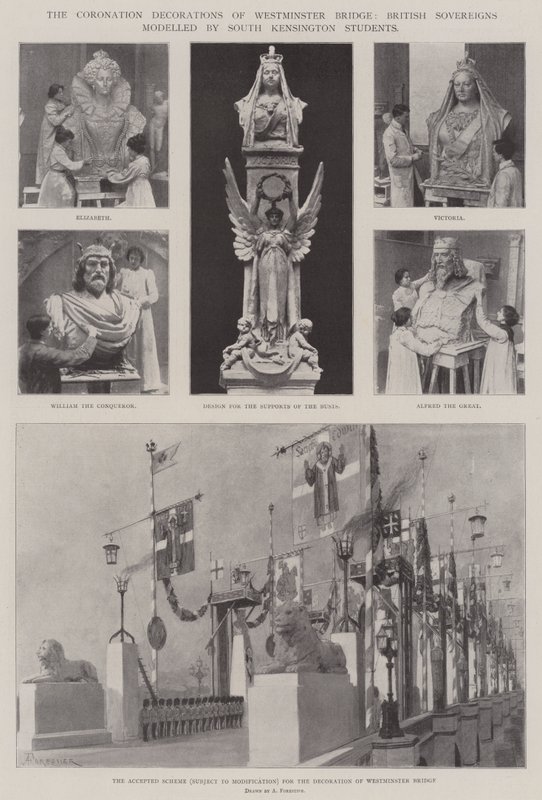 The Coronation Decorations of Westminster Bridge, British Sovereigns modellert av South Kensington Students av Amedee Forestier