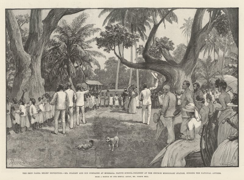 Emin Pasha Relief Expedition, Mr Stanley og hans kamerater i Mombasa, innfødte skolebarn ved Kirkens misjonsstasjon, synger nasjonalsangen av Amedee Forestier