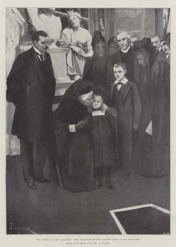 Begravelsen til Mr Gladstone, fru Gladstone kysser Dorothy Drew ved graven av Amedee Forestier