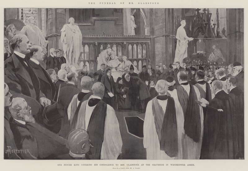 Begravelsen til Mr Gladstone, vår fremtidige konge som tilbyr sin kondolanse til Mrs Gladstone ved Graveside i Westminster Abbey av Amedee Forestier