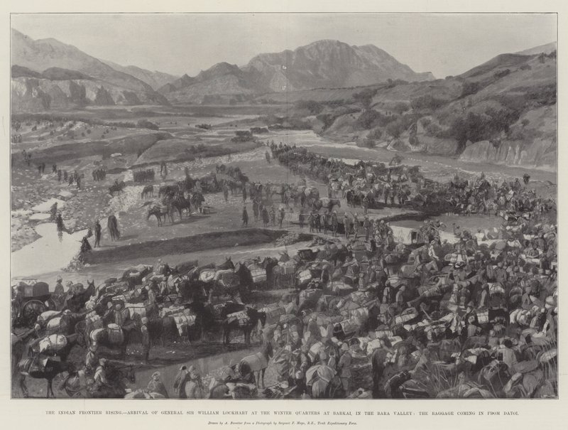 The Indian Frontier Rising, Ankomst av general Sir William Lockhart ved Winter Quarters i Barkai, i Bara-dalen, bagasjen som kommer inn fra Datoi av Amedee Forestier