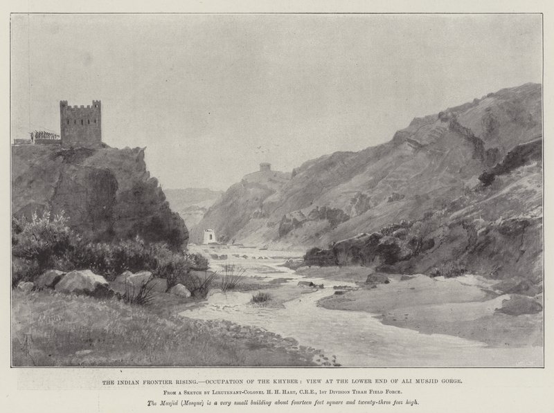 The Indian Frontier Rising, okkupasjon av Khyber, utsikt i den nedre enden av Ali Musjid-juvet av Amedee Forestier