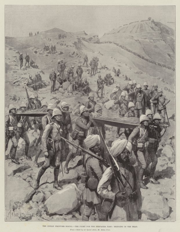 The Indian Frontier Rising, kampen om Sempagha-passet, som bringer inn de døde av Amedee Forestier