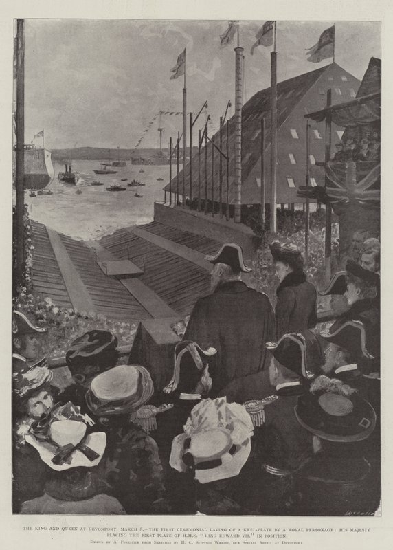 Kongen og Dronningen i Devonport, 8. mars, den første seremonielle leggingen av en kjølplate av en kongelig person, Hans Majestet setter den første platen til HMS King Edward VII i posisjon av Amedee Forestier