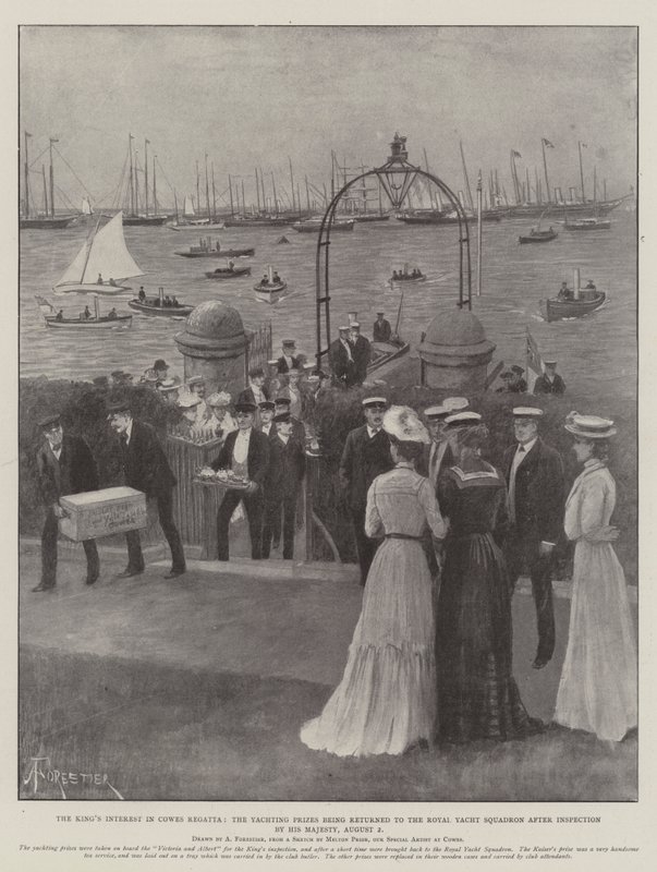 Kongens interesse i Cowes Regatta, Yachting-prisene blir returnert til Royal Yacht Squadron etter inspeksjon av Hans Majestet, 2. august av Amedee Forestier