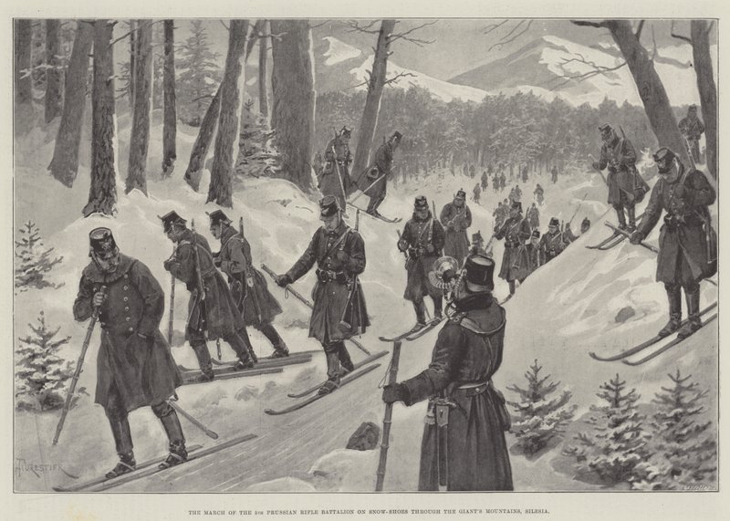 Marsjen til den 5. prøyssiske riflebataljonen på snøsko gjennom kjempefjellene, Schlesien av Amedee Forestier