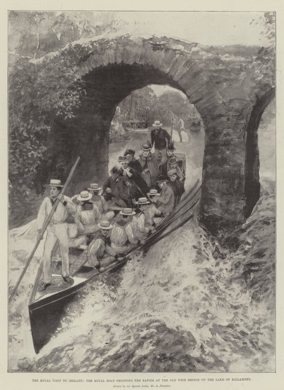 Det kongelige besøket i Irland, den kongelige båten som skyter Rapids ved Old Weir Bridge på Lake of Killarney av Amedee Forestier