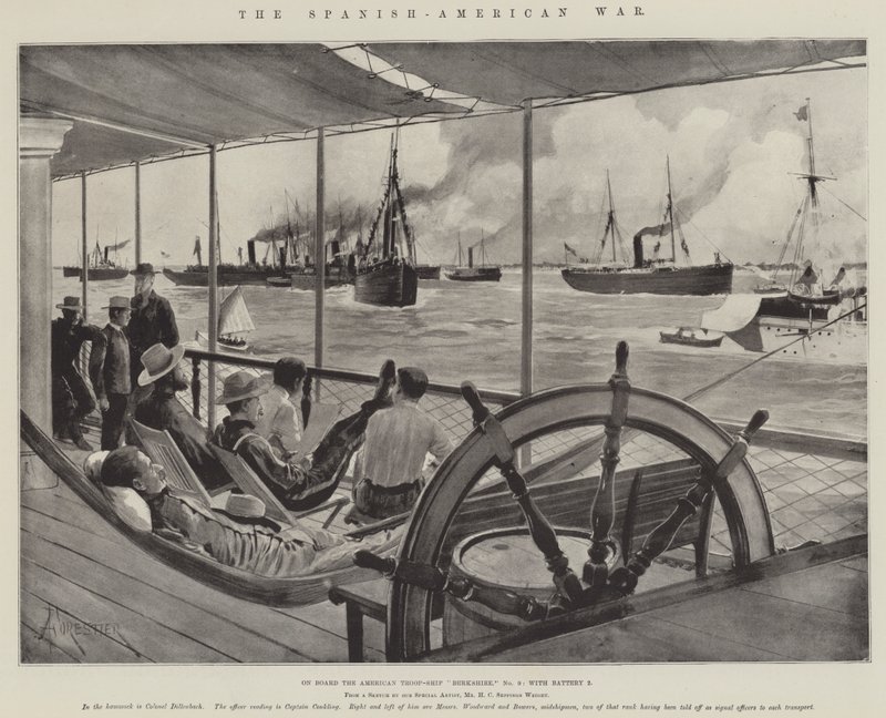 Den spansk-amerikanske krigen, om bord på American Troop-Ship Berkshire, nr. 9, med batteri 2 av Amedee Forestier