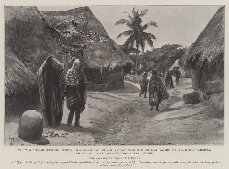 Det vestafrikanske spørsmålet, Eguns eller hellige vesener som antas å ha stått opp fra de døde, passerte langs en vei i Abeokuta, hovedstaden i Egba Kingdom, Yoruba Country av Amedee Forestier