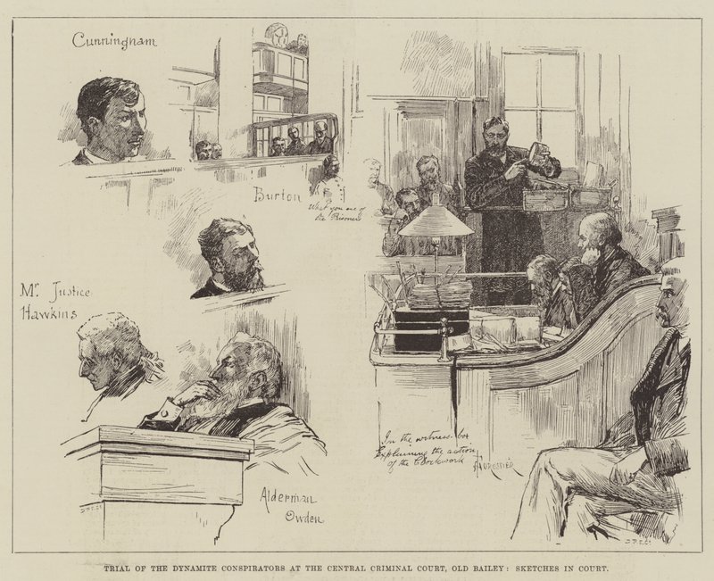 Rettssak mot Dynamite Conspirators ved Central Criminal Court, Old Bailey, Sketches in Court av Amedee Forestier