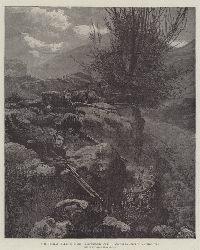 Med General Buller i Kerry, Constabulary liggende i Bakhold for å overraske Moonlighters av Amedee Forestier