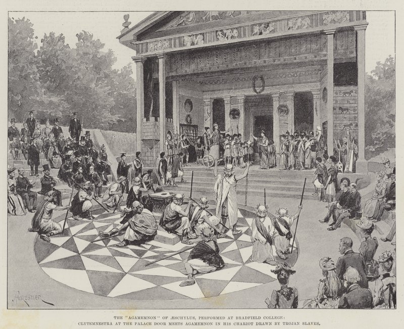"Agamemnon" til Aeschylus, fremført på Bradfield College, Clytemnestra ved Palace Door møter Agamemnon i sin vogn tegnet av hans trojanske slaver (litho) av Amedee (after) Forestier