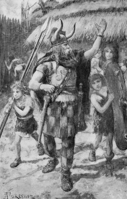 De keltiske innbyggerne i en landsby i Storbritannia satte ut for å drive bort de invaderende germanerne (litho) av Amedee (after) Forestier