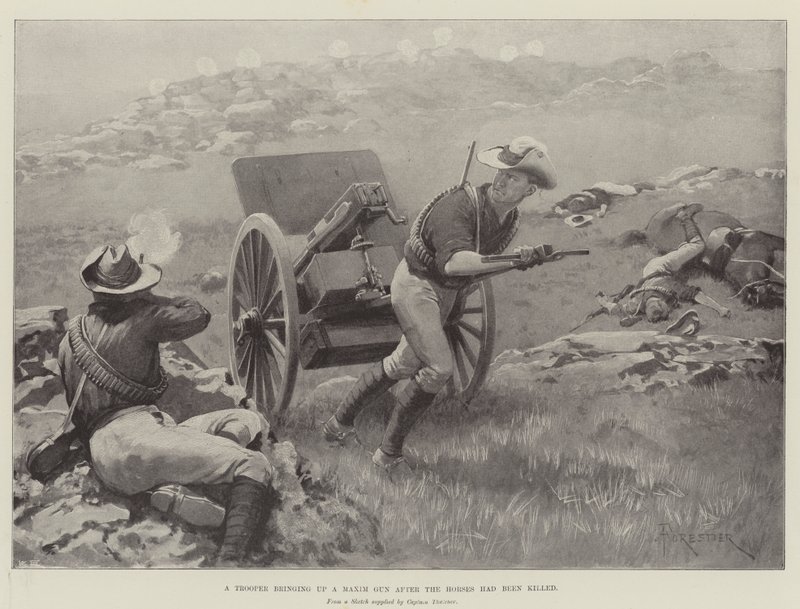 En trooper som tar opp en Maxim Gun etter at hestene var blitt drept av Amedee Forestier