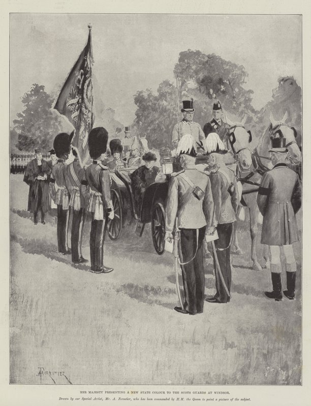 Hennes Majestet presenterer en New State Color til Scots Guards i Windsor av Amedee Forestier