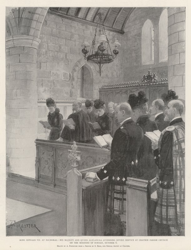 Kong Edward VII på Balmoral, Hans Majestet og Dronning Alexandra deltar på gudstjeneste i Crathie Parish Church om morgenen søndag 6. oktober av Amedee Forestier