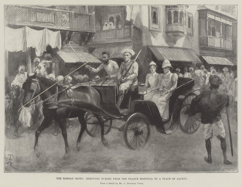 The Bombay Riots, fjerner sykepleiere fra pestsykehuset til et trygt sted av Amedee Forestier