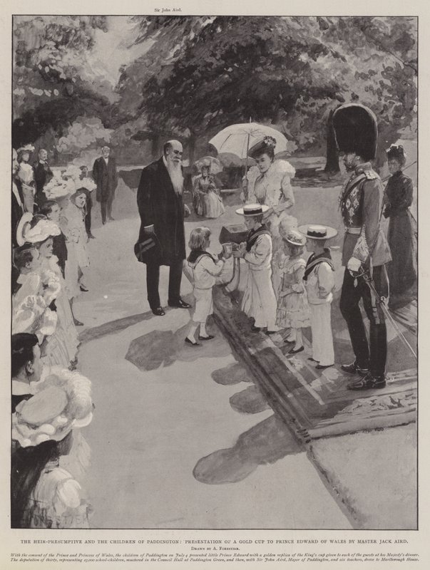 The Heir-Presumptive and the Children of Paddington, presentasjon av en gullbeger til prins Edward av Wales av mester Jack Aird av Amedee Forestier