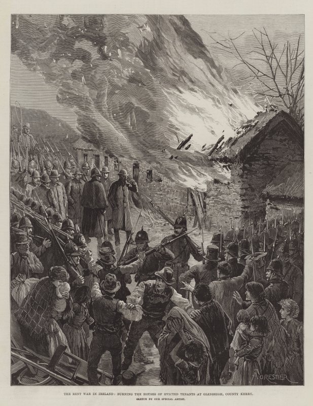 Husleiekrigen i Irland, brenner husene til utkastede leietakere i Glenbeigh, County Kerry av Amedee Forestier