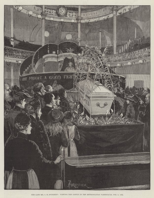 Den avdøde Mr CH Spurgeon, ser på kisten i Metropolitan Tabernacle, 9. februar 1892 av Amedee Forestier