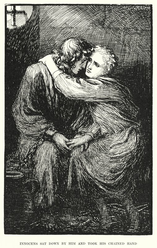 Innocens satte seg ned ved ham og tok hans lenkede hånd (gravering) av Amelia M. (attr.to) Bowerley or Bauerle