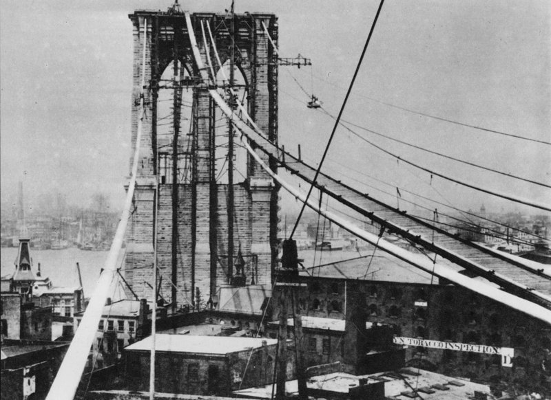Brooklyn Bridge, New York, under bygging, ca 1880 (s/hvitt-bilde) av American Photographer (after)