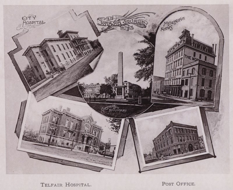 bysykehuset; Johnson Square; Greene Monument; Morning News, Telfair Hospital, Post Office (s/hvitt bilde) av American Photographer (after)