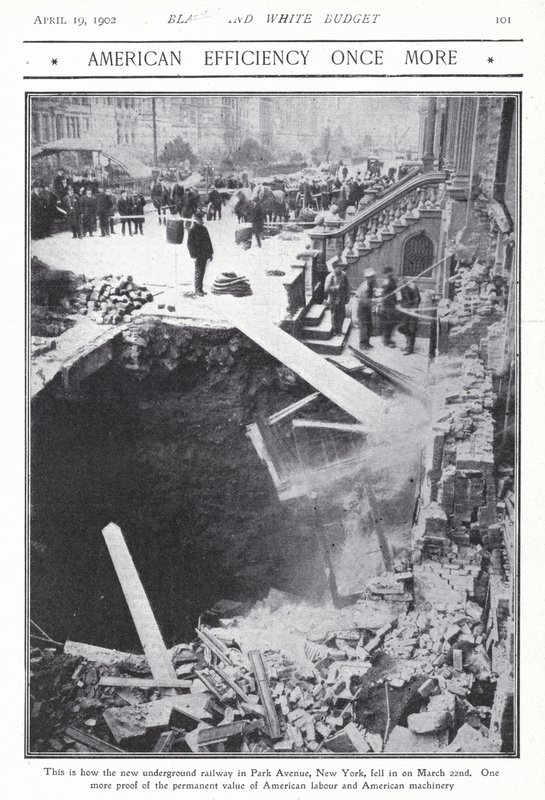 Kollaps av en del av T-banetunnelen på Park Avenue, New York City, USA, 22. mars 1902 (s/hvitt-bilde) av American Photographer (after)