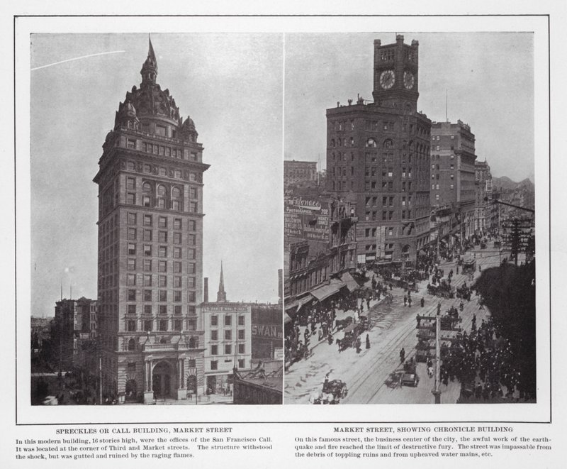 San Francisco: Spreckles or Call Building, Market Street; Market Street, som viser Chronicle Building (s/hvitt-bilde) av American Photographer (after)