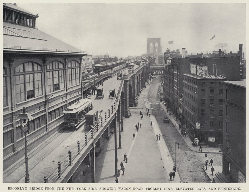 Brooklyn Bridge fra New York Side, som viser Wagon Road, Trolley Line, Elevated Cars og Promenade (s/hv-bilde) av American Photographer