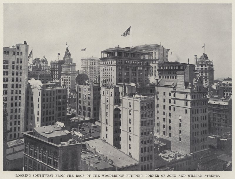 Ser sørvestover fra taket på Woodbridge-bygningen, Corner of John and William Streets (s/hv-bilde) av American Photographer