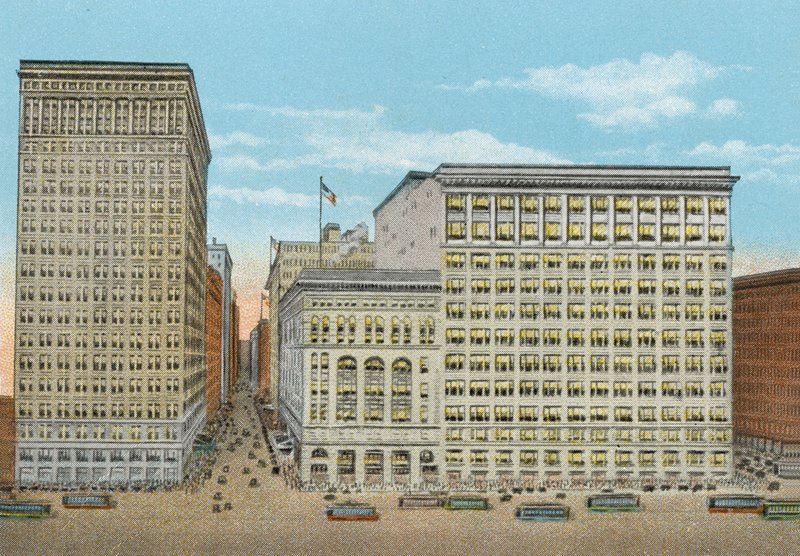 Marshall Field and Company, detaljbutikker, Wabash og Washington (farget bilde) av American Photographer