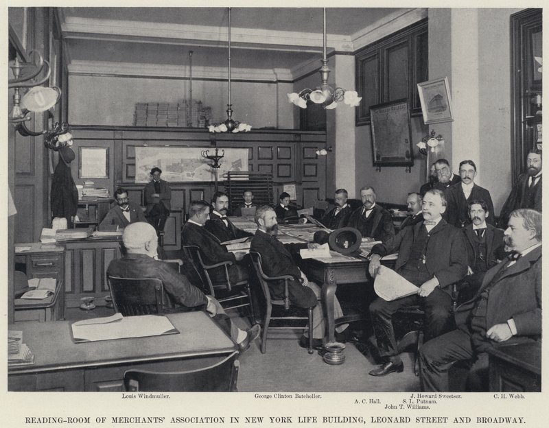 Reading-Room of Merchants' Association i New York Life Building, Leonard Street og Broadway (s/hv-bilde) av American Photographer