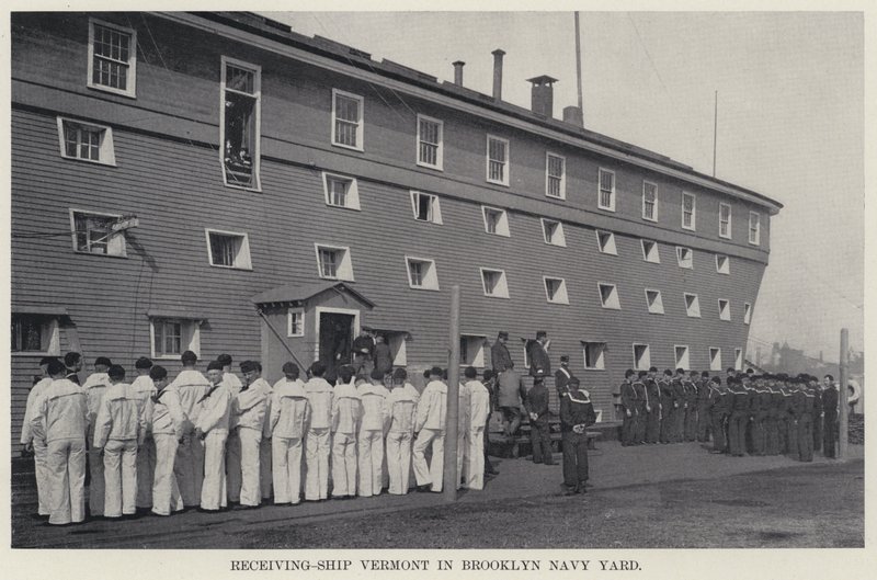 Mottaksskip Vermont i Brooklyn Navy Yard (s/hvitt bilde) av American Photographer