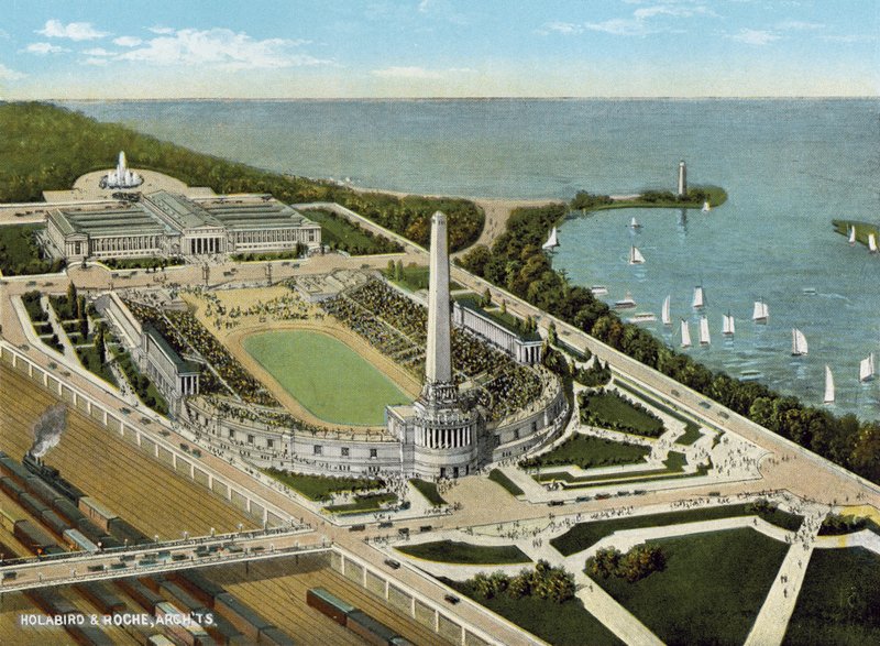Soldiers Field and Field Museum ved Lake Front (farget bilde) av American Photographer