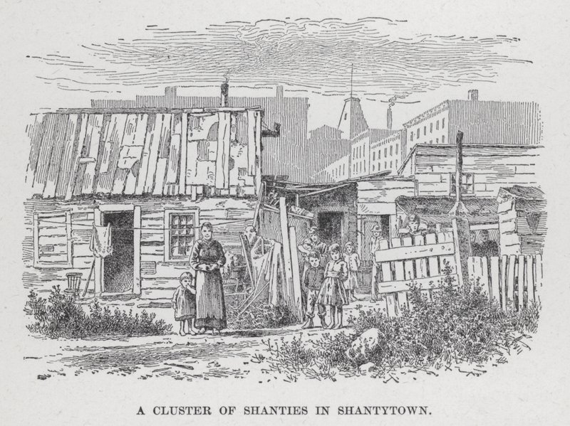 En klynge av shanties i Shantytown (litho) av American School