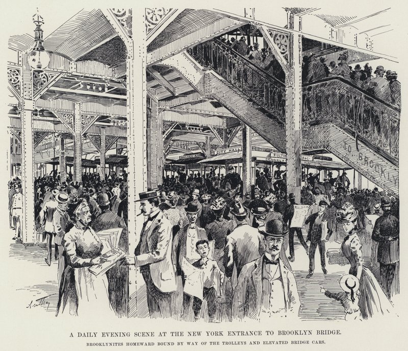 En daglig kveldsscene ved New York-inngangen til Brooklyn Bridge (litho) av American School