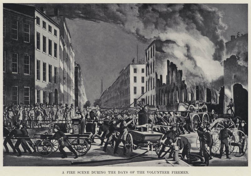 En brannscene i løpet av de frivillige brannmennenes dager (litho) av American School