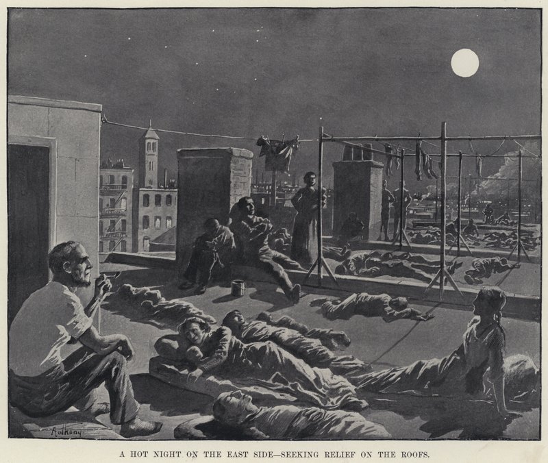 En varm natt på østsiden, søker lindring på takene (litho) av American School