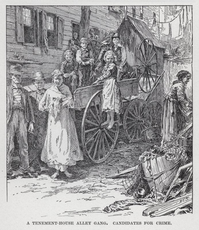 A Tenement-House Alley Gang, kandidater for kriminalitet (litho) av American School