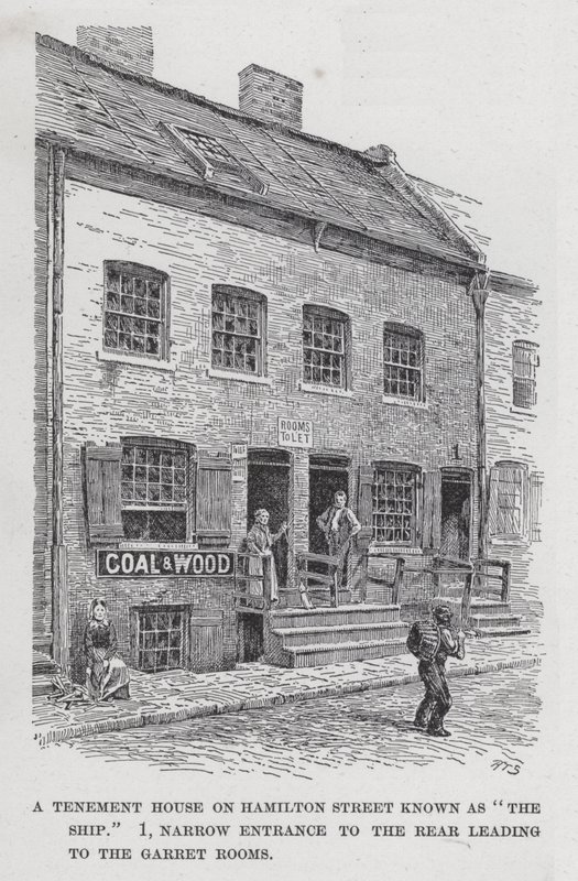 Et leiegårdshus på Hamilton Street kjent som "The Ship," 1, smal inngang på baksiden som fører til Garret-rommene (litho) av American School