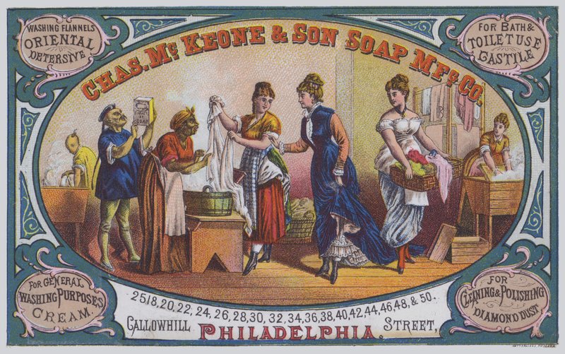 Annonse for Charles McKeone & Son Soap Manufacturing Company, Philadelphia, Pennsylvania, USA (farge litho) av American School