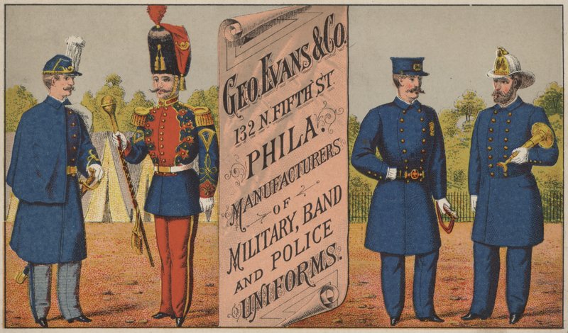 Annonse for George Evans & Co, produsenter av militær-, band- og politiuniformer, 132 N Fifth Street, Philadelphia av American School