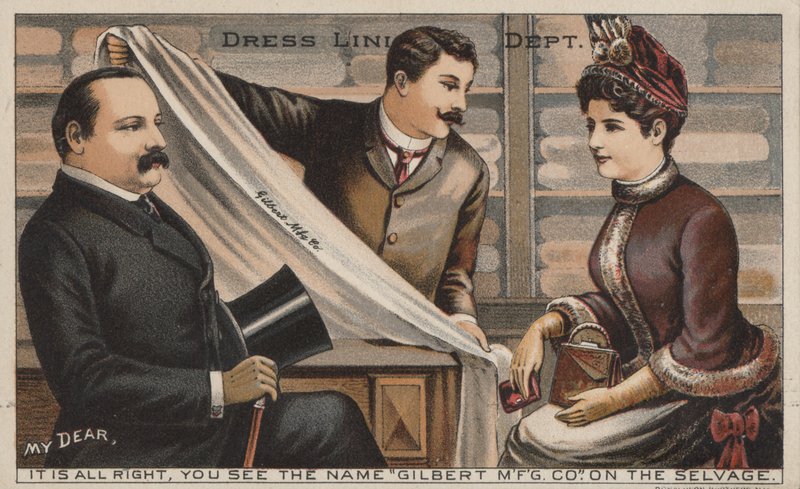 Reklame for Gilbert Manufacturing Company-stoff (fargelitografi) av American School